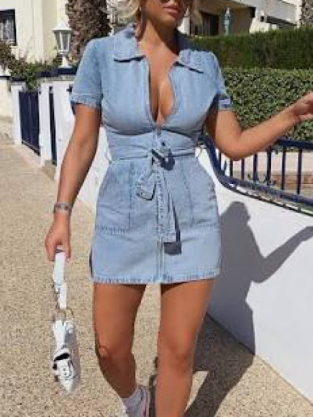 White Fox misbehave light Wash Denim Zip Front Mini Dress with Tie Waist - Picture 2 of 4